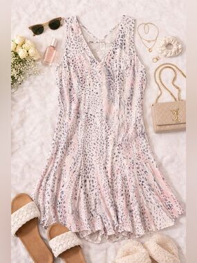 Rebecca Taylor Fit & Flare Dress Size 2 Pink Gray Abstract Print 100% Cotton